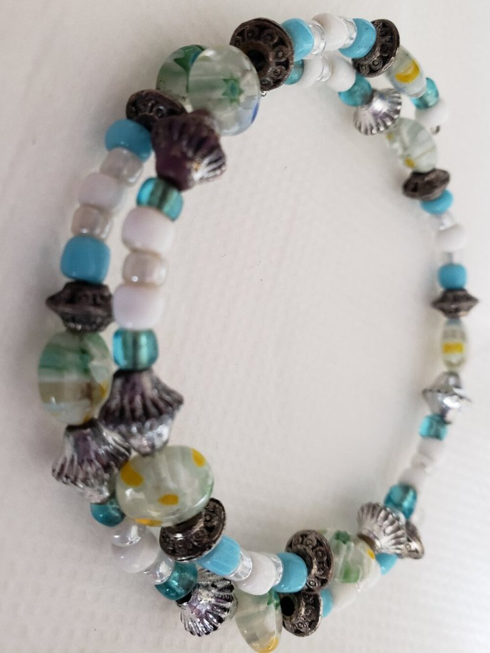 Multi Color Blue Beads White Glass Bead Wrap Bracelet Silver Accent